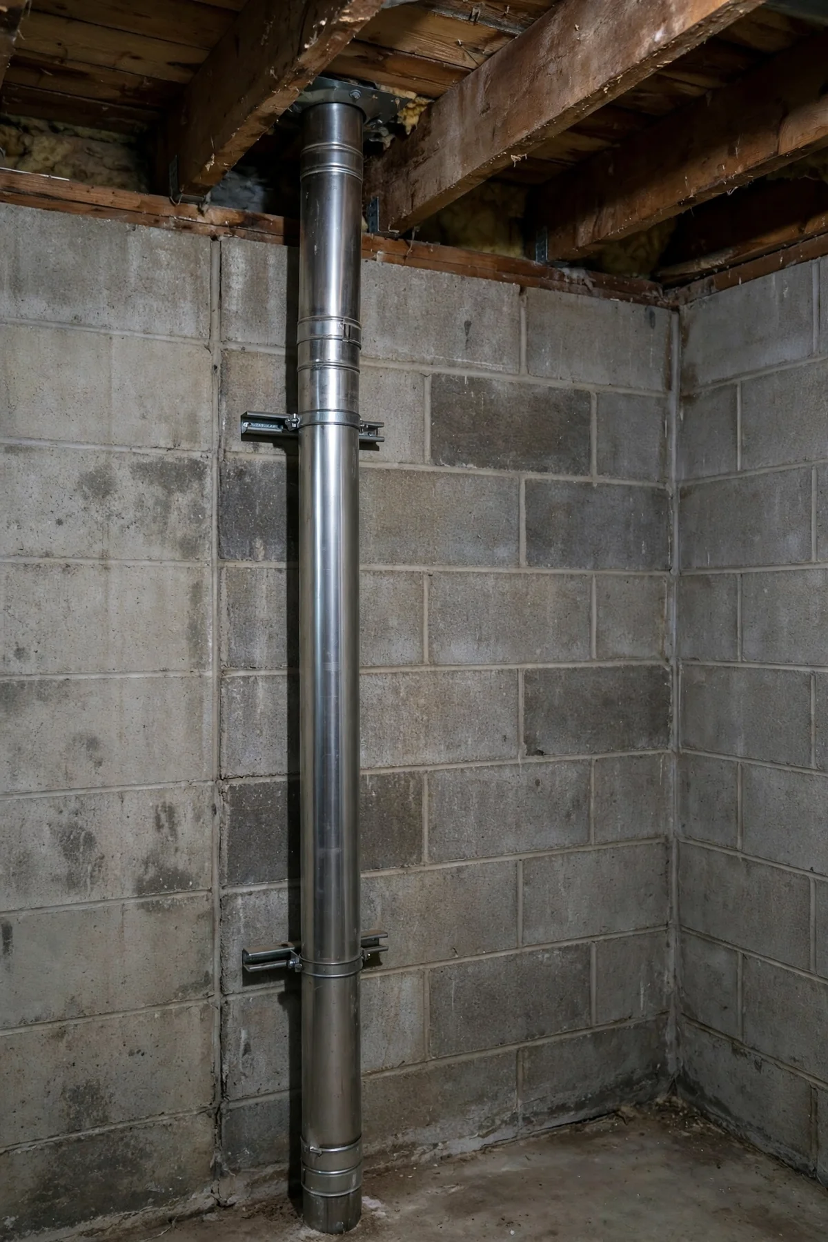 A vertical boiler flue vent pipe rising through a utility room ceiling
