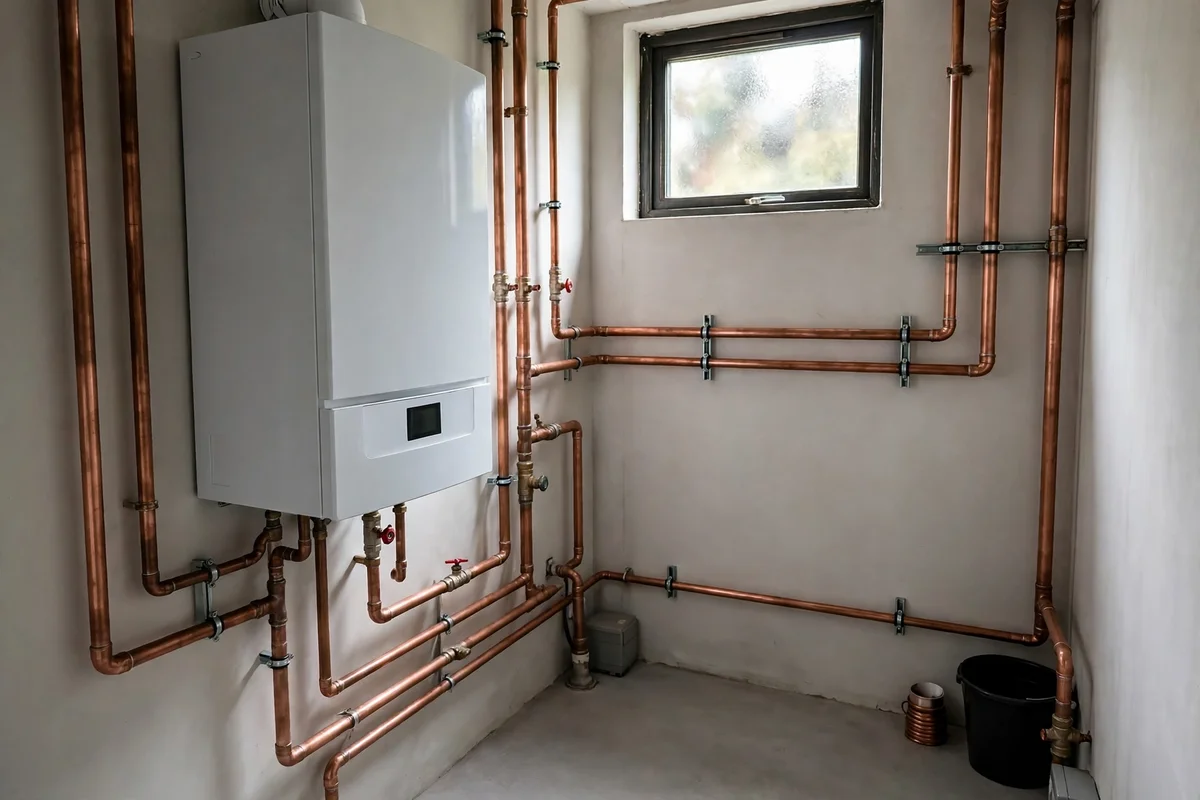 A tidy basement utility room with a modern boiler and clear space around it