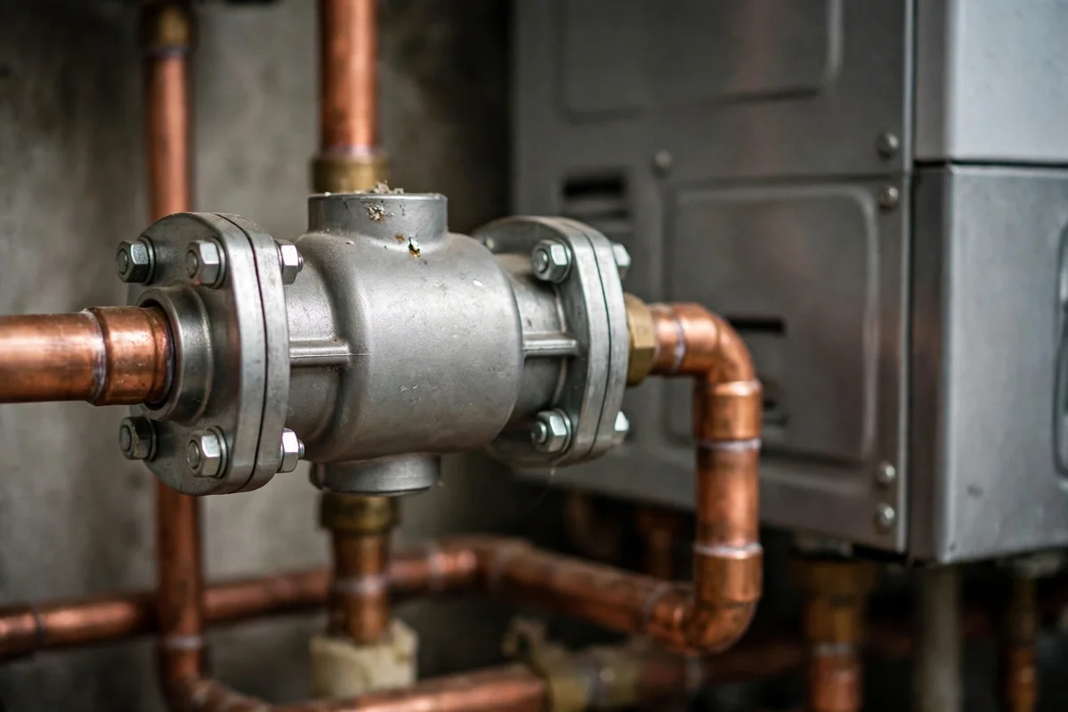 A boiler circulator pump with copper pipes and valves in a utility room