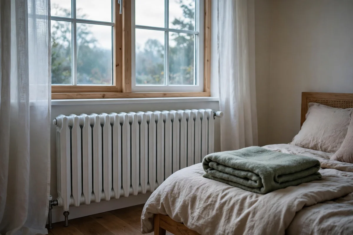 A white panel radiator under a bedroom window with a bed beside it