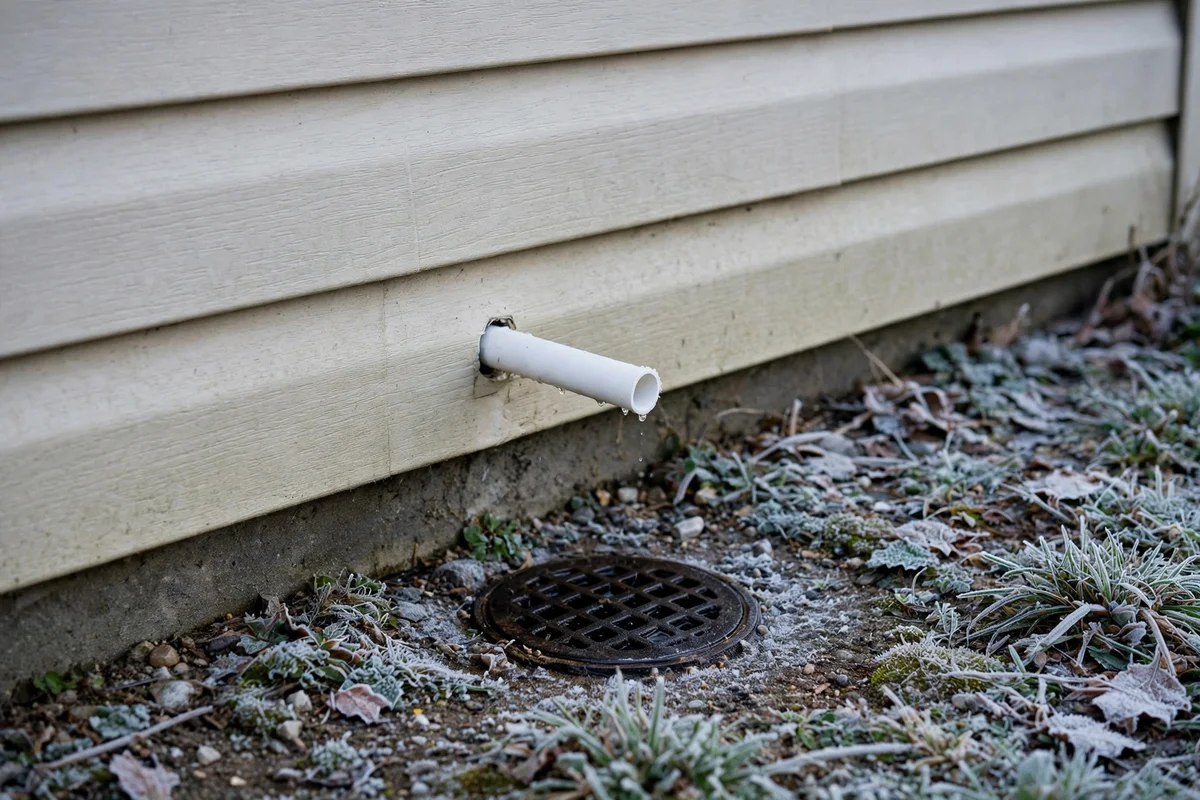 A white plastic condensate pipe running down an outside house wall