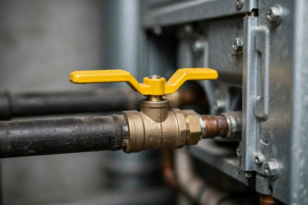 A yellow-handled gas shutoff valve on a pipe beside a boiler