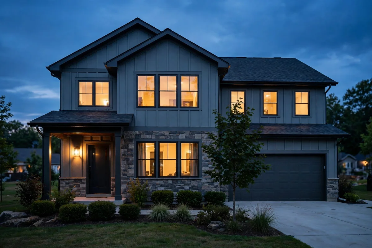 A home exterior at night with warm lights in the windows