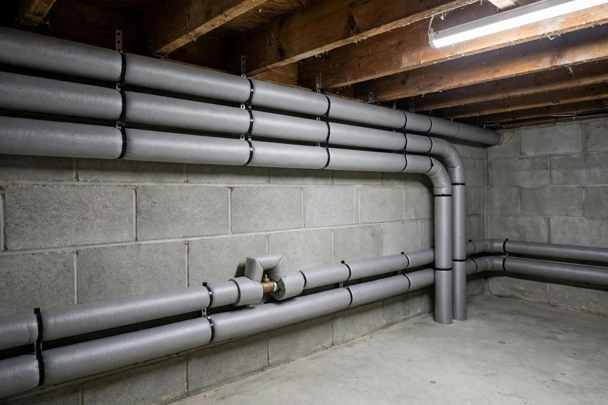Heating pipes wrapped in foam insulation along a basement wall