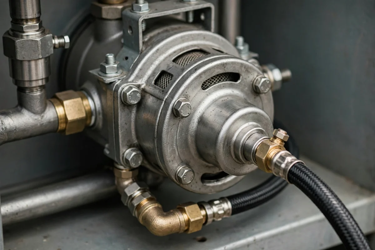 An oil burner assembly with pipes and a small motor on a basement boiler