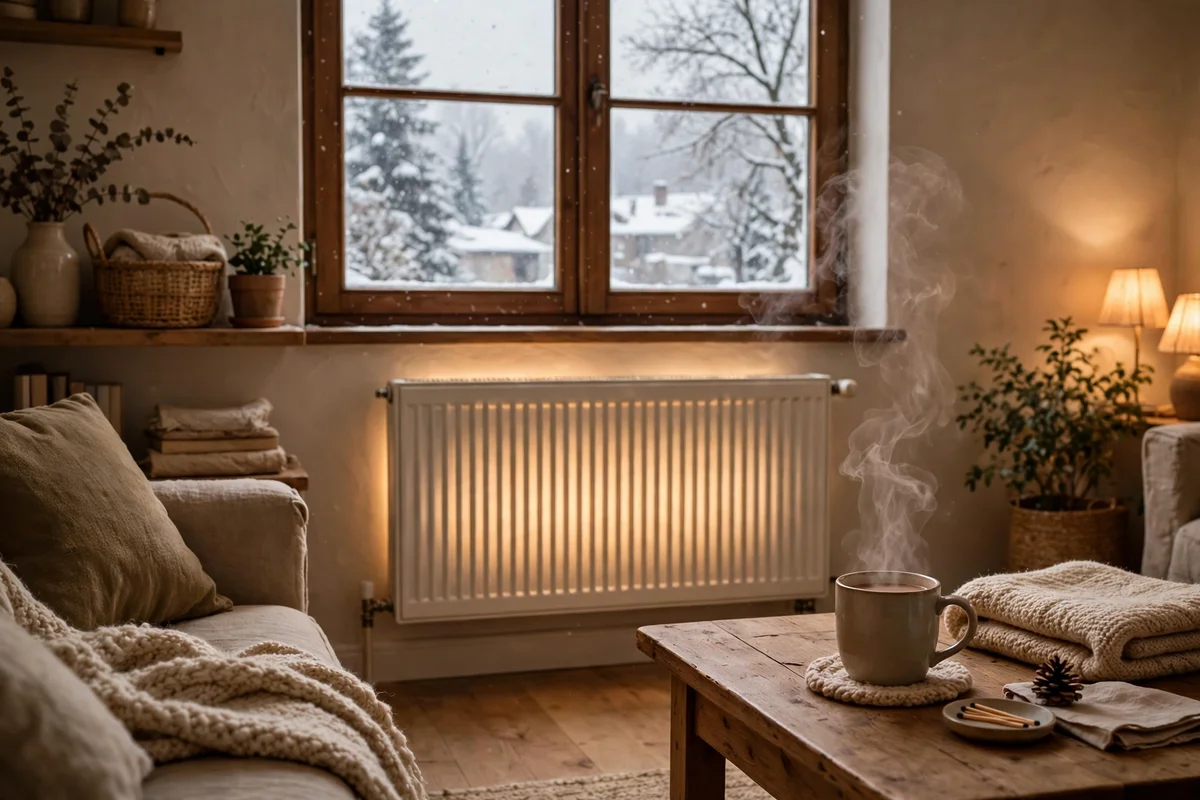 A warm living room with a panel radiator and sunlight through the window