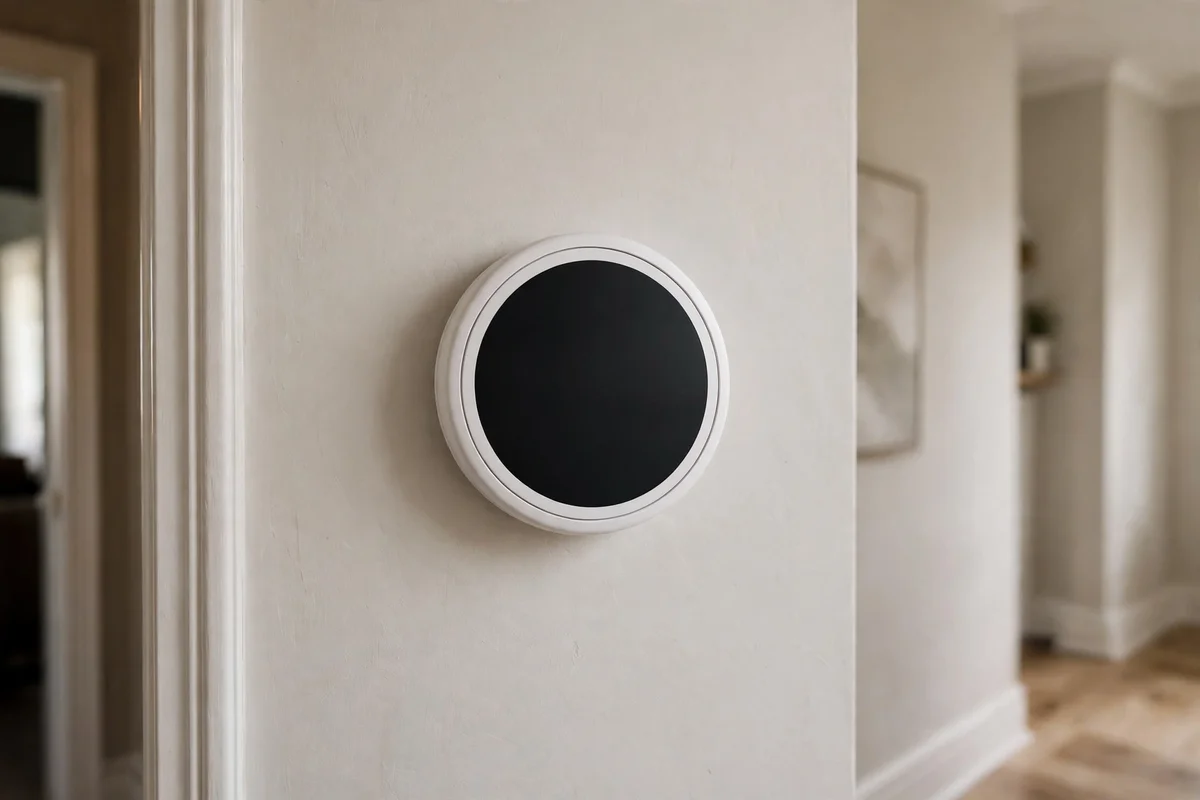 A round thermostat on a hallway wall showing a comfortable room temperature