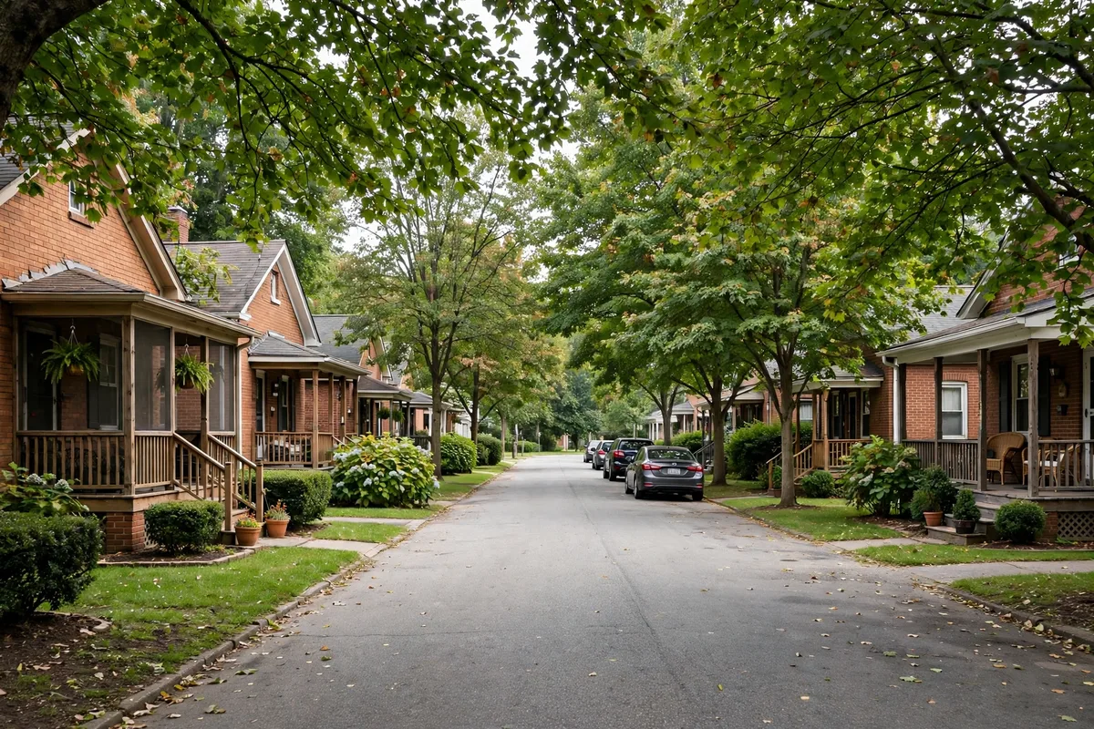 Brick bungalows with front porches along a tree-lined Bellefonte street