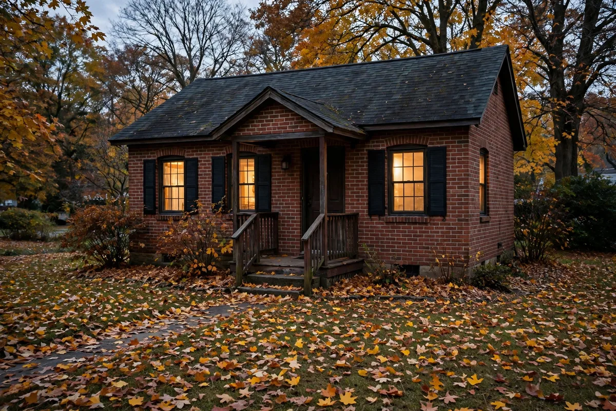 Small brick bungalow in autumn with fallen leaves in Bellefonte