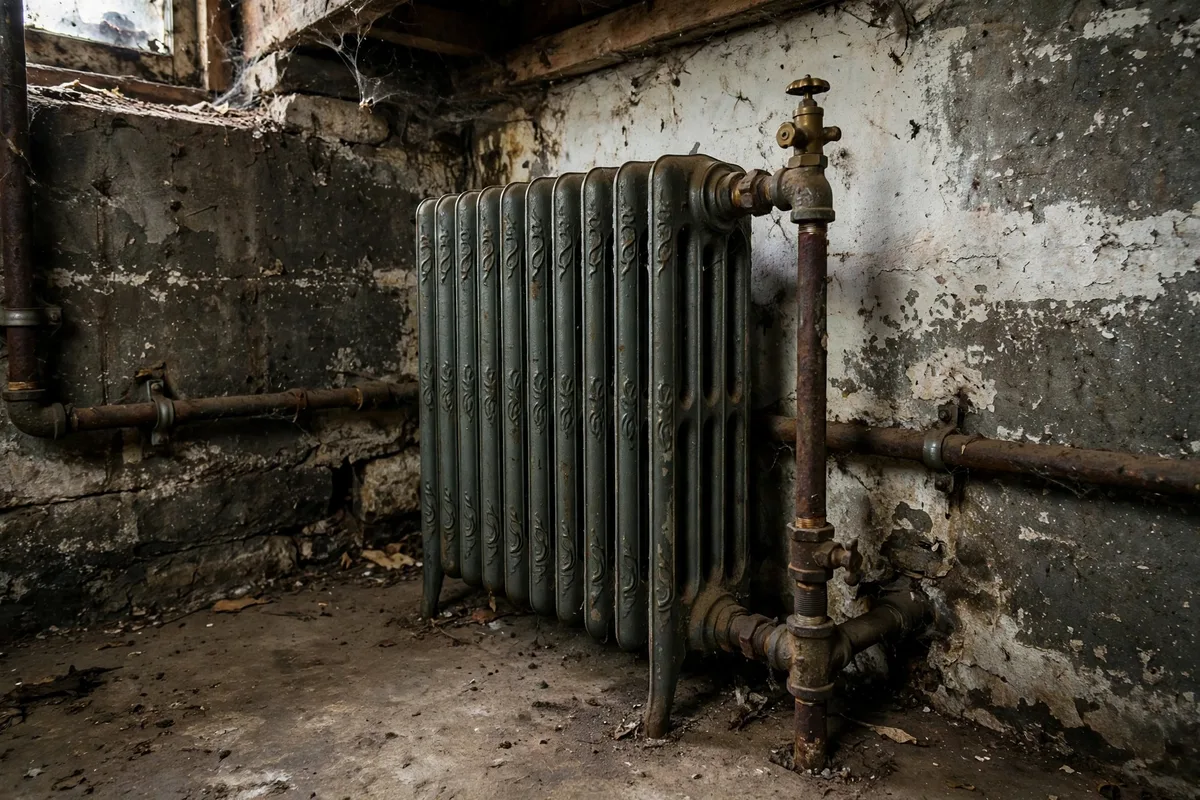Vintage cast iron radiator with old iron pipes in a Bellefonte basement corner