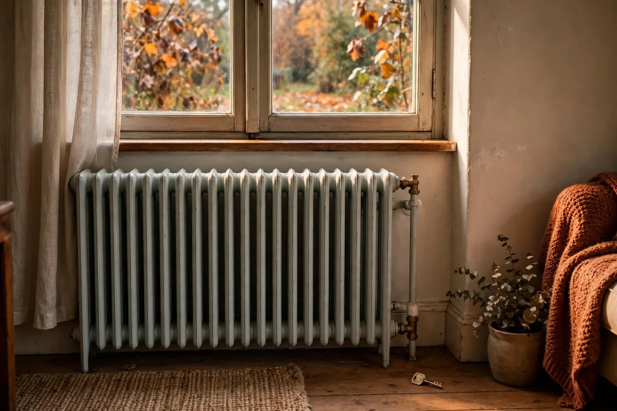 Radiator under a window with autumn leaves outside in a Brookside home