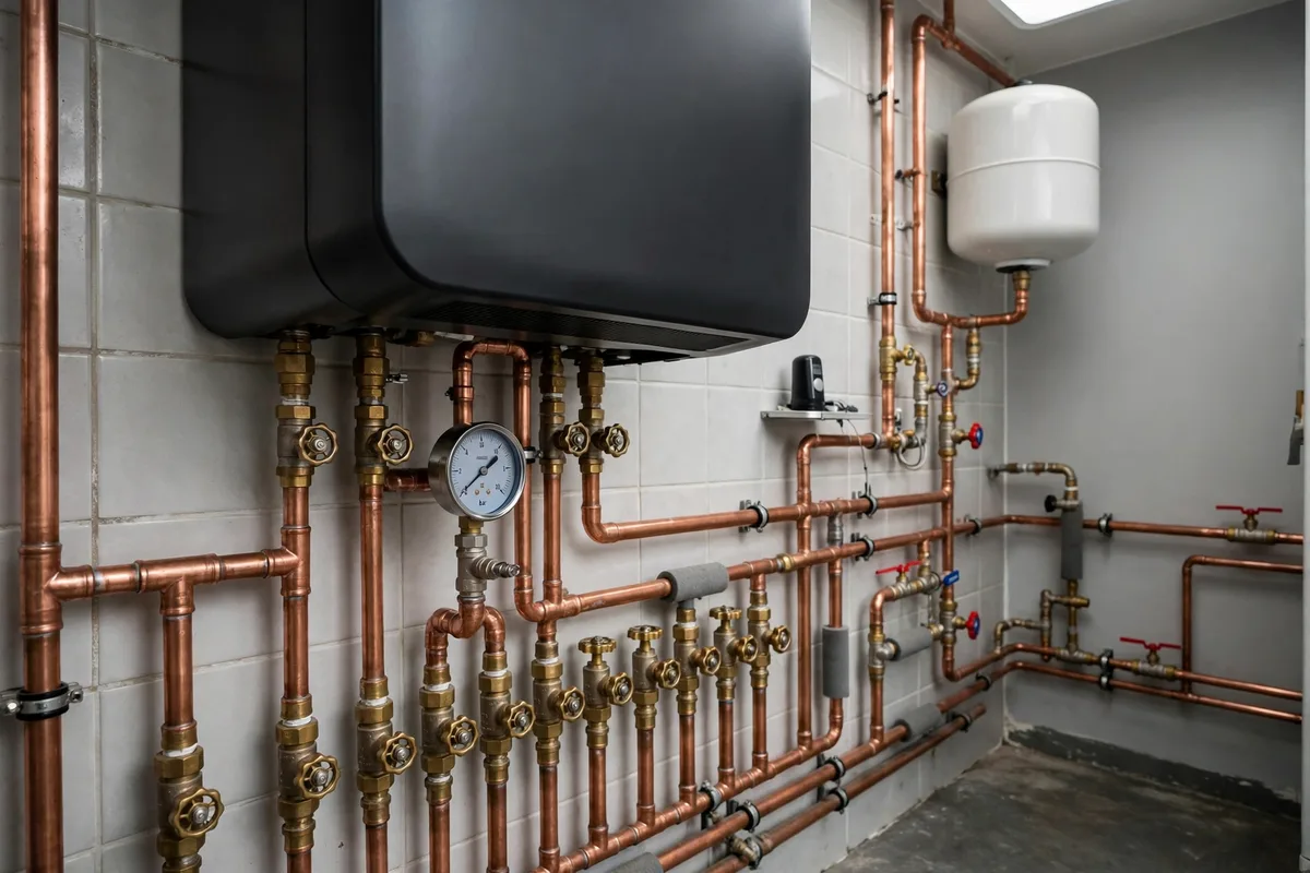 Wall-mounted boiler with copper pipes and a pressure gauge in a Brookside boiler room