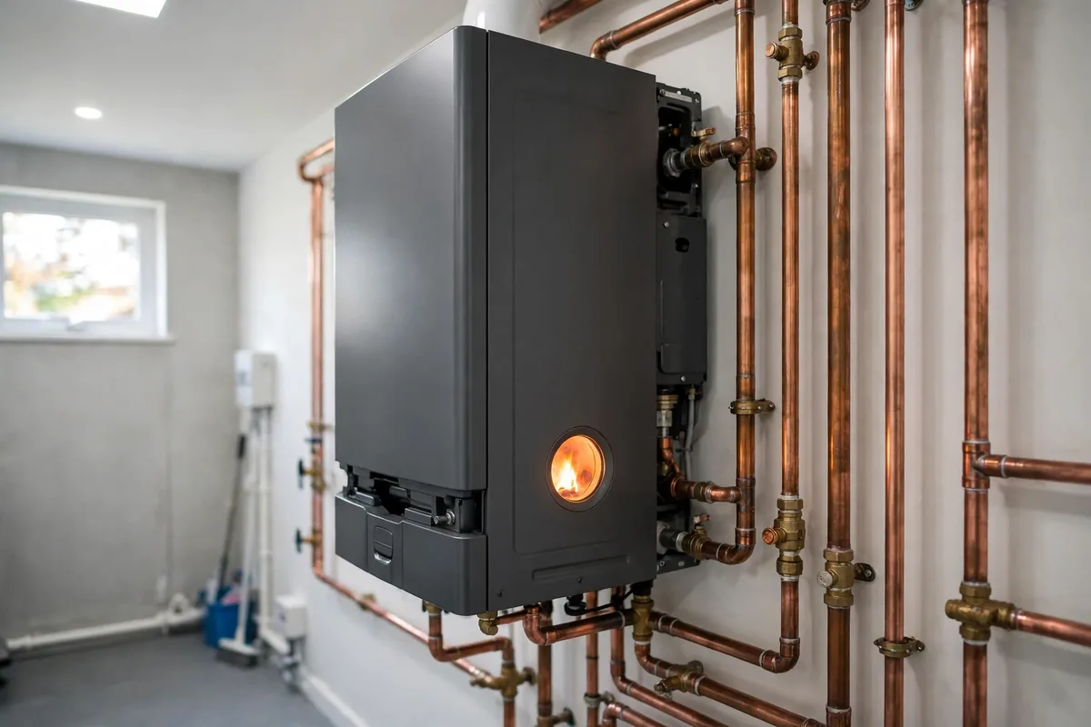 A modern boiler with its inspection window glowing in a Camden utility room