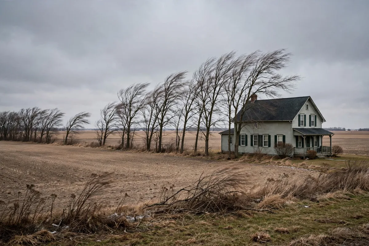 A house on the open farmland edge near Camden in winter wind