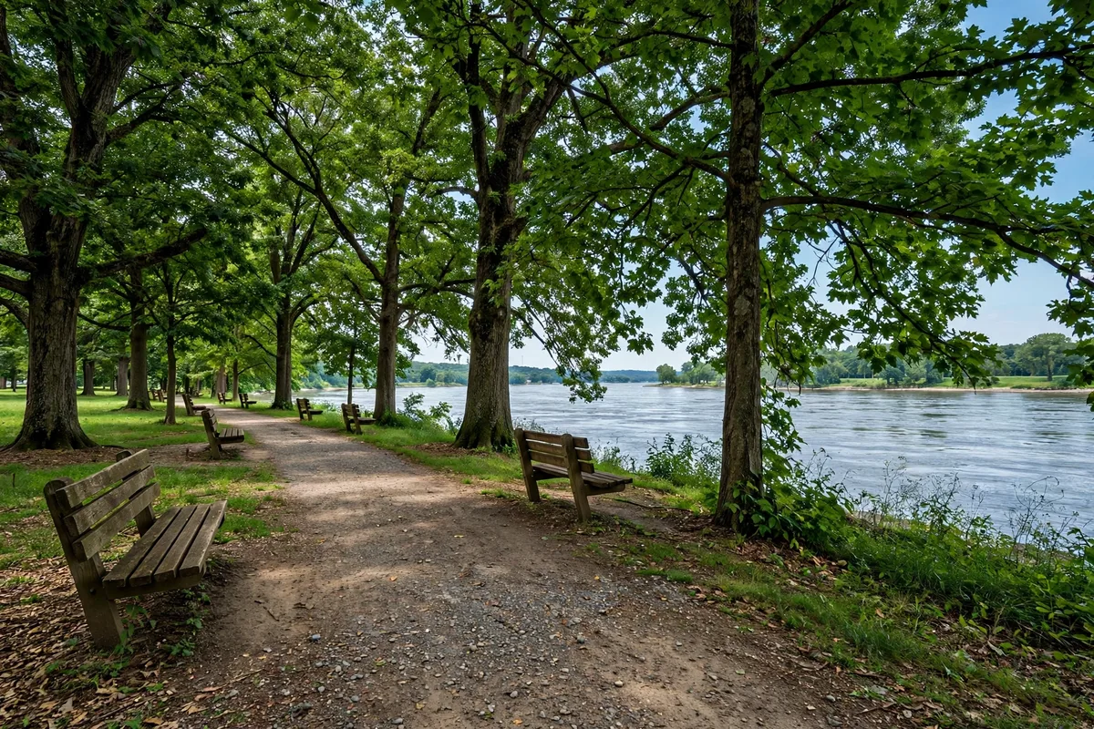 Riverside park path with benches beside the river in Claymont