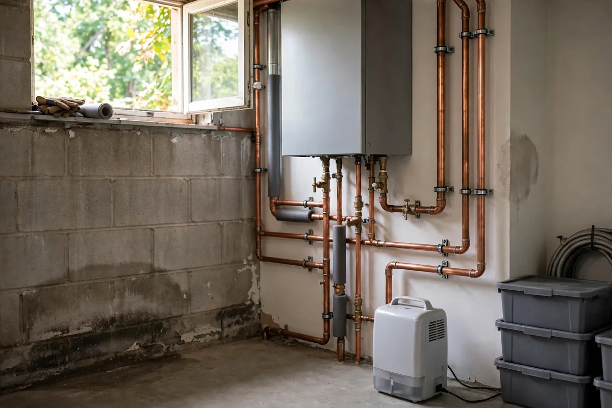 Boiler with copper pipes and a dehumidifier in a Claymont basement in summer