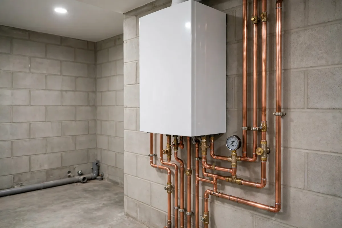 Newly installed white wall-mounted boiler with neat copper pipework in a Claymont basement