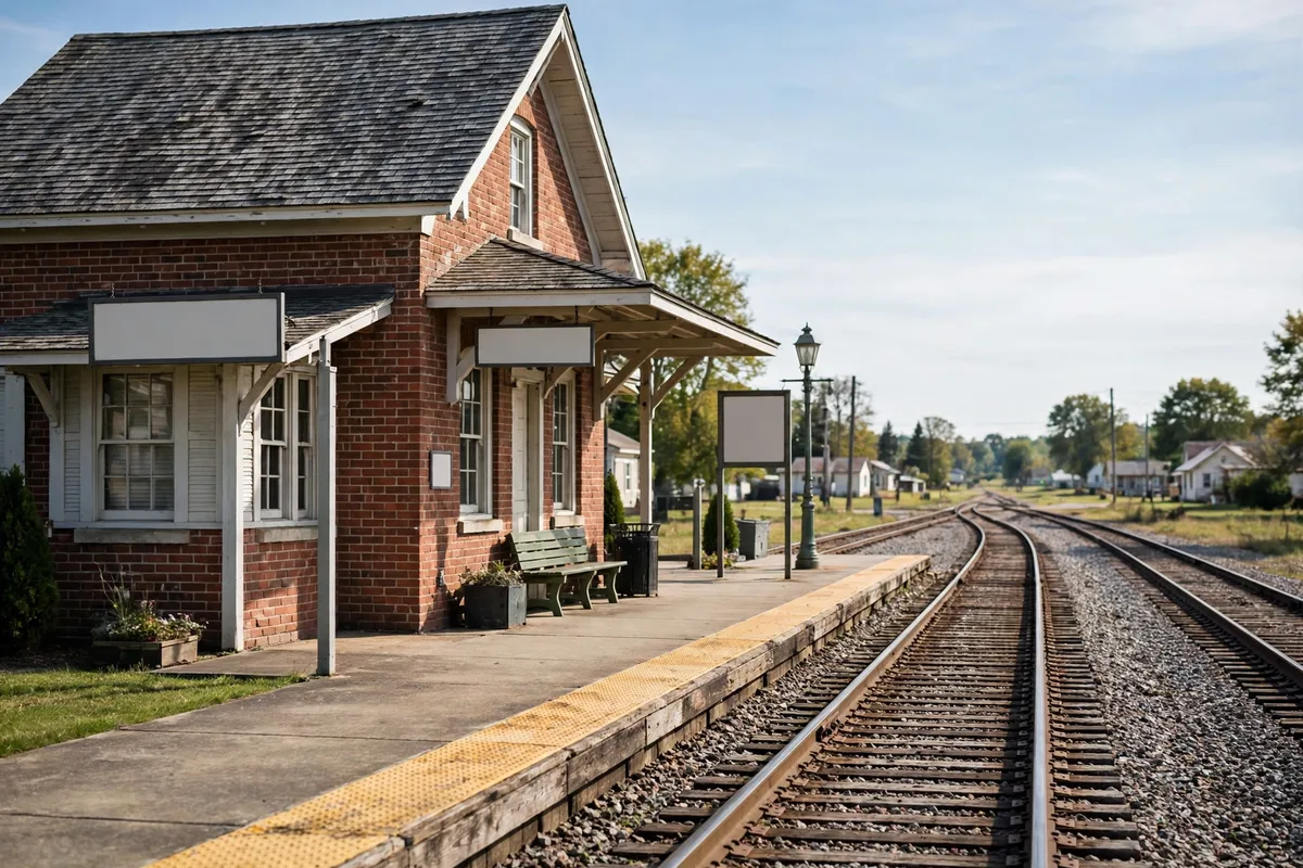 A brick railroad station building and tracks in Clayton