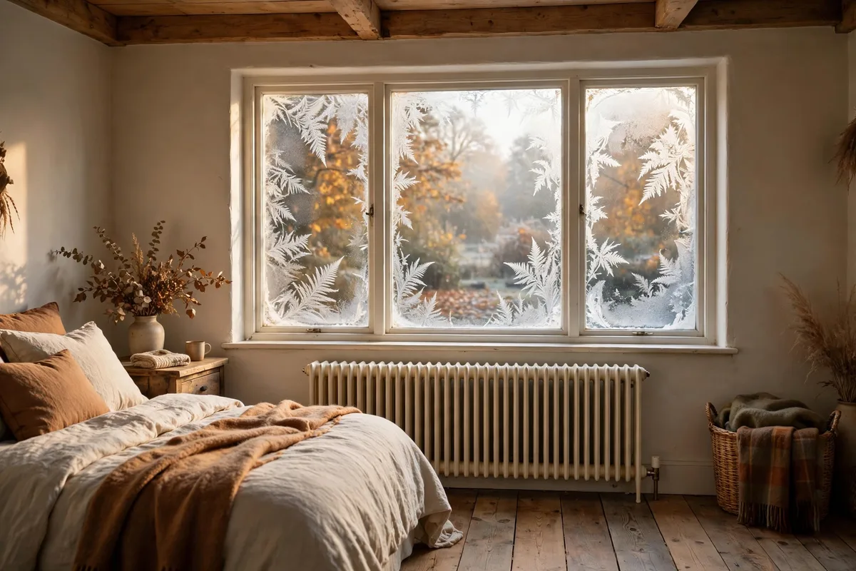 A warm radiator under a frost-patterned window in a Clayton farmhouse bedroom