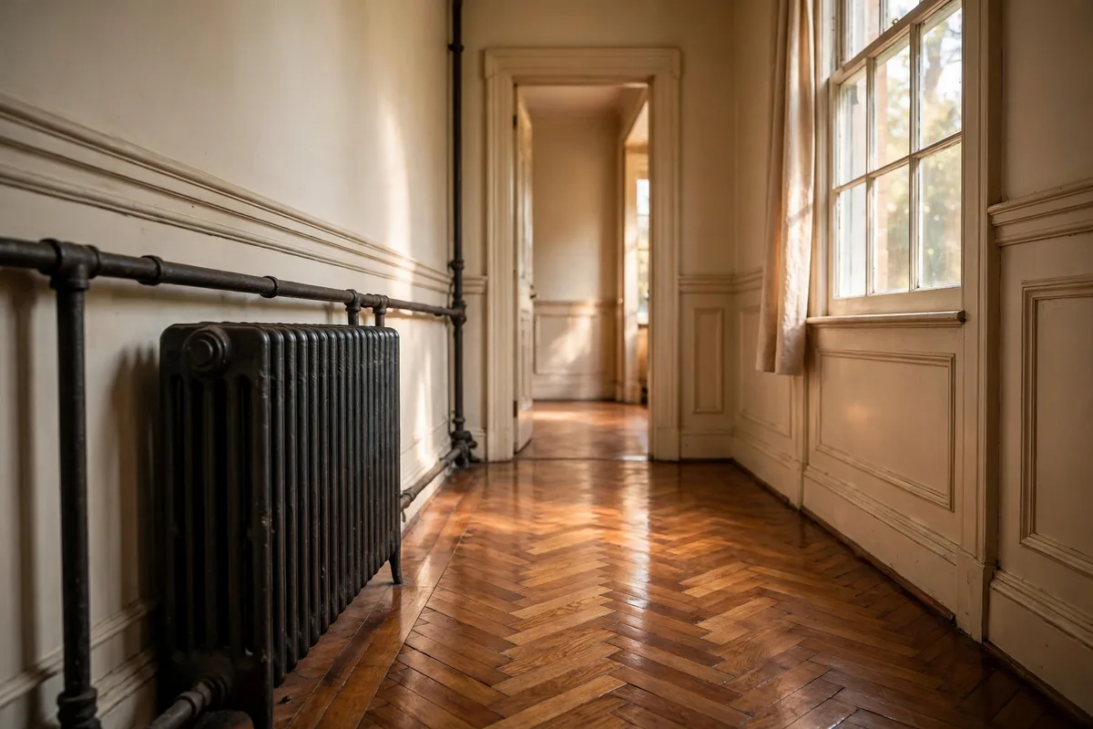 A cast iron radiator and dark iron pipes in an older Clayton hallway