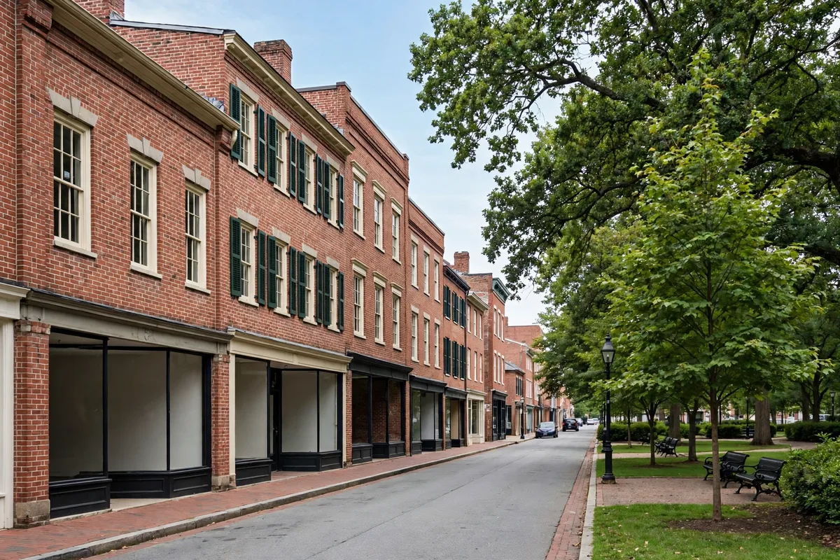 Brick buildings and a tree-lined green in downtown Dover