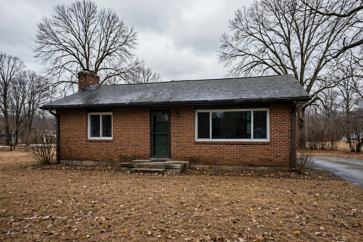 Postwar brick ranch house in Dover in winter