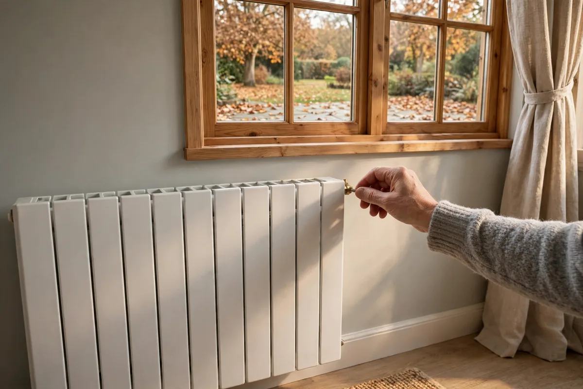 A hand bleeding a panel radiator in autumn light in a Dover living room