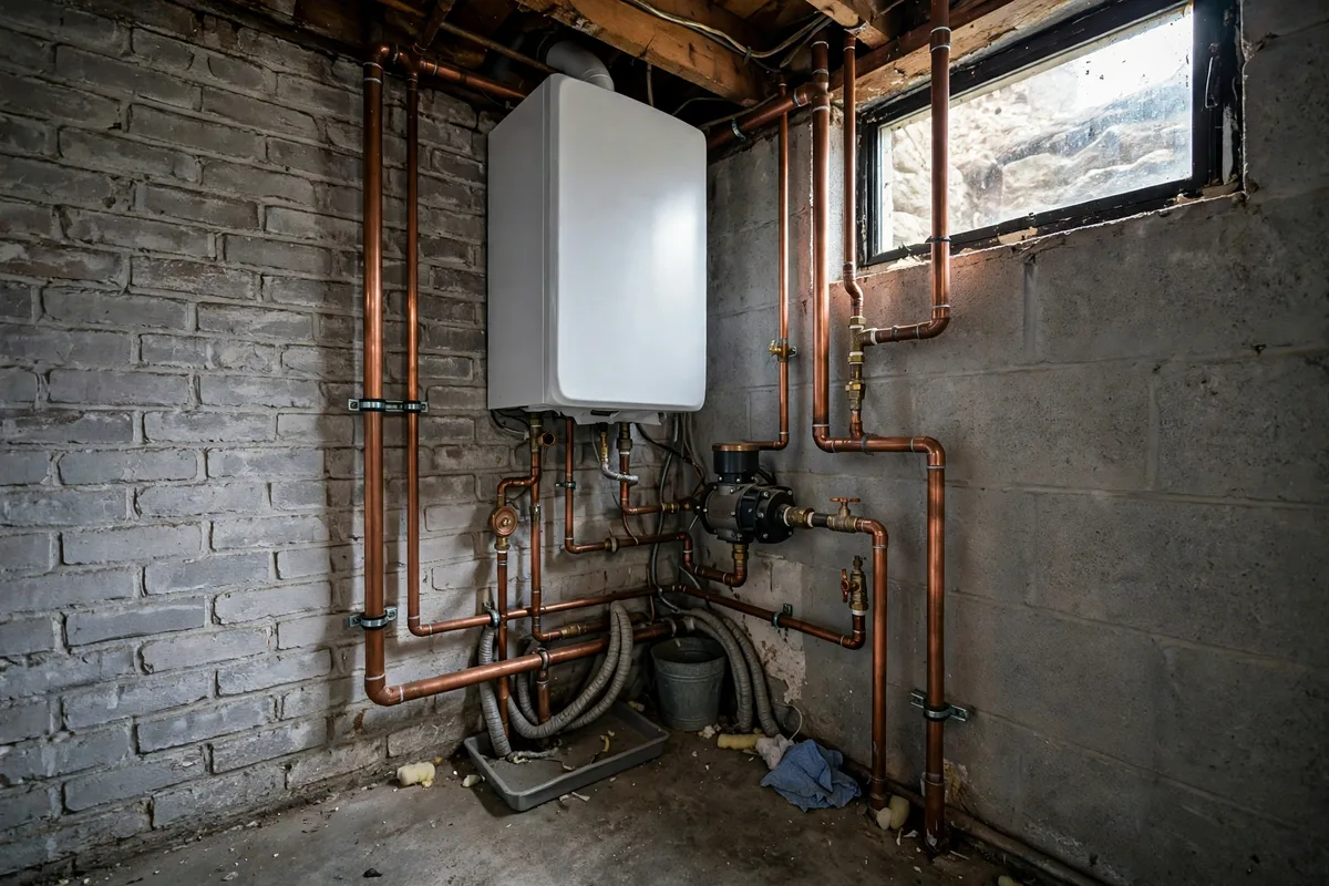 Compact wall-mounted boiler with copper pipes in a small Elsmere basement corner