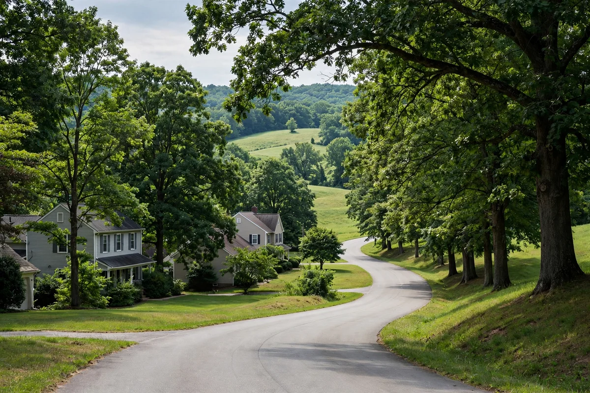 Tree-lined road curving past houses and rolling green hills in Hockessin