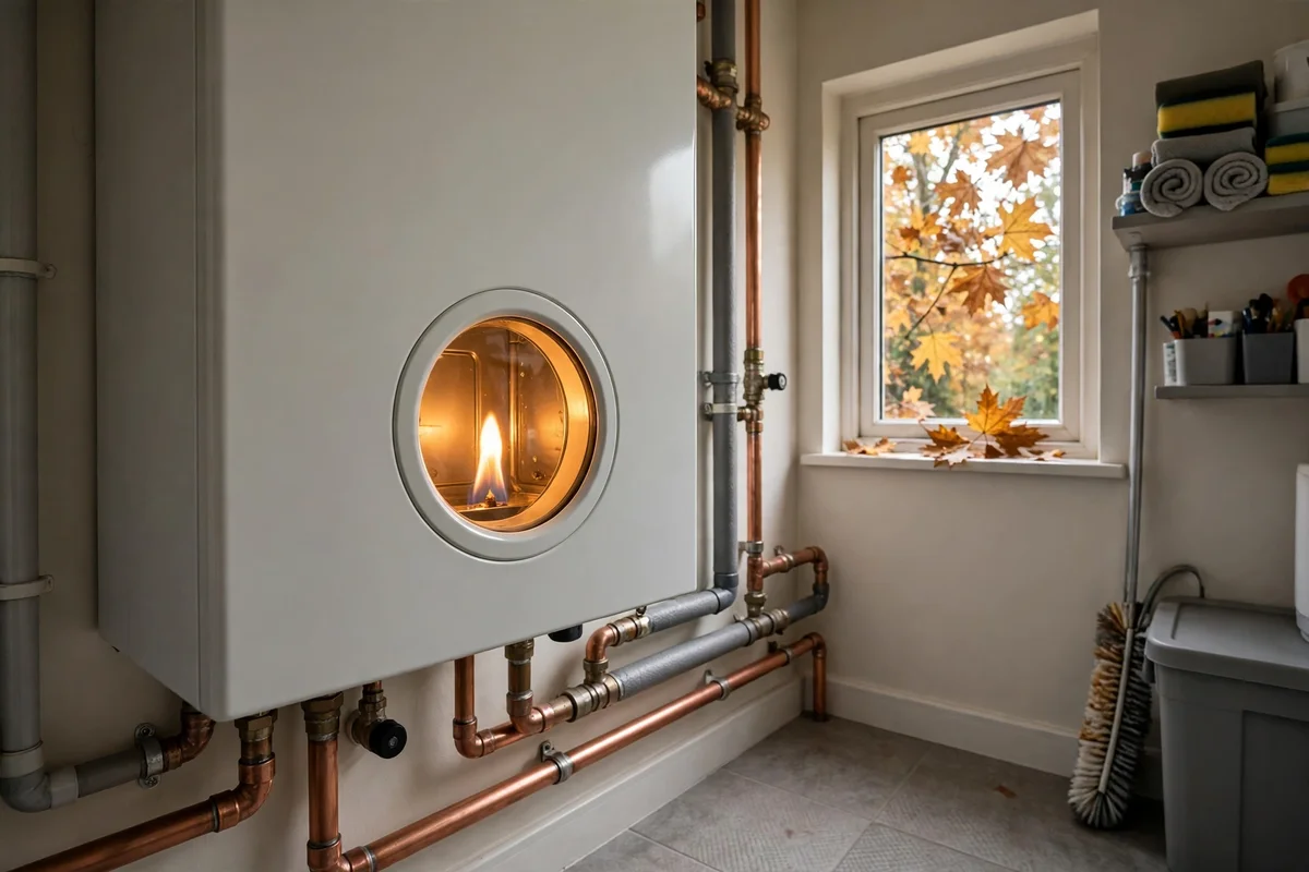 Boiler flame glowing through a round inspection window beside autumn leaves in a Hockessin utility room