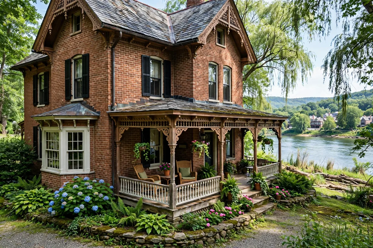A Victorian brick house with a porch in Milford