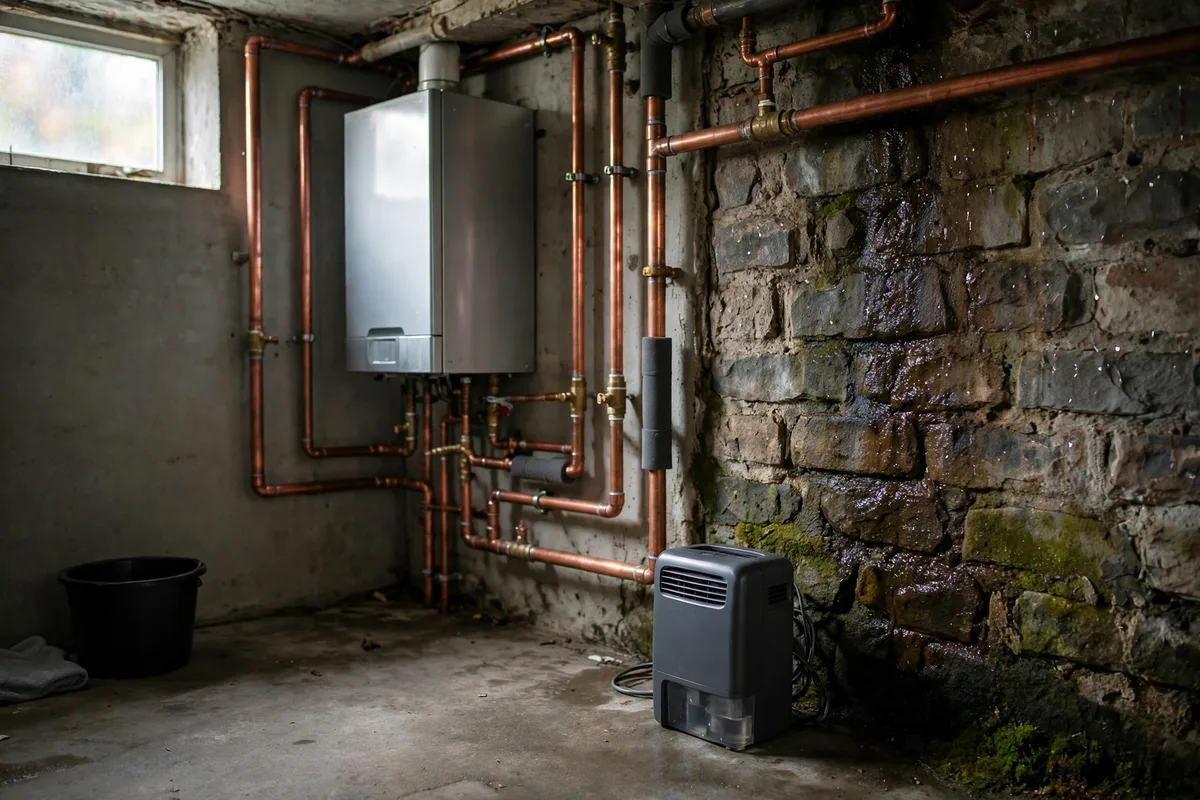 A wall-hung boiler and a dehumidifier in a damp Milford basement