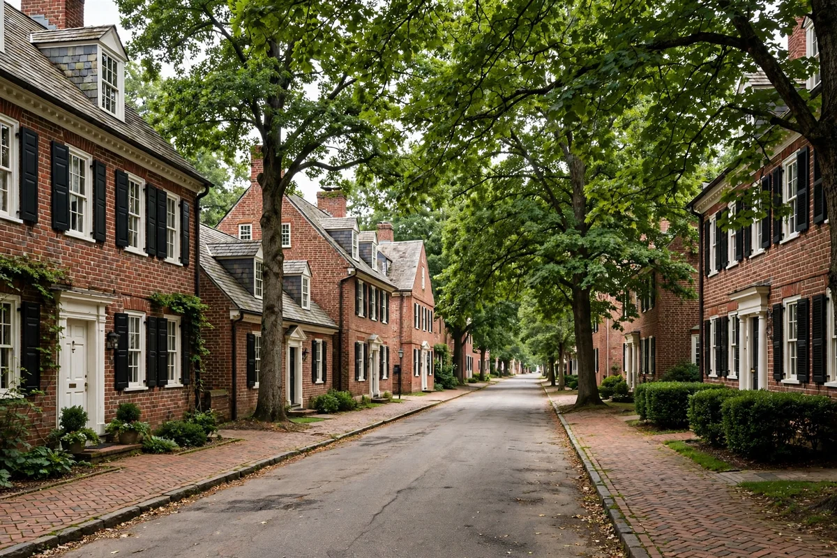 Brick sidewalk beside colonial brick houses on a tree-lined street in New Castle