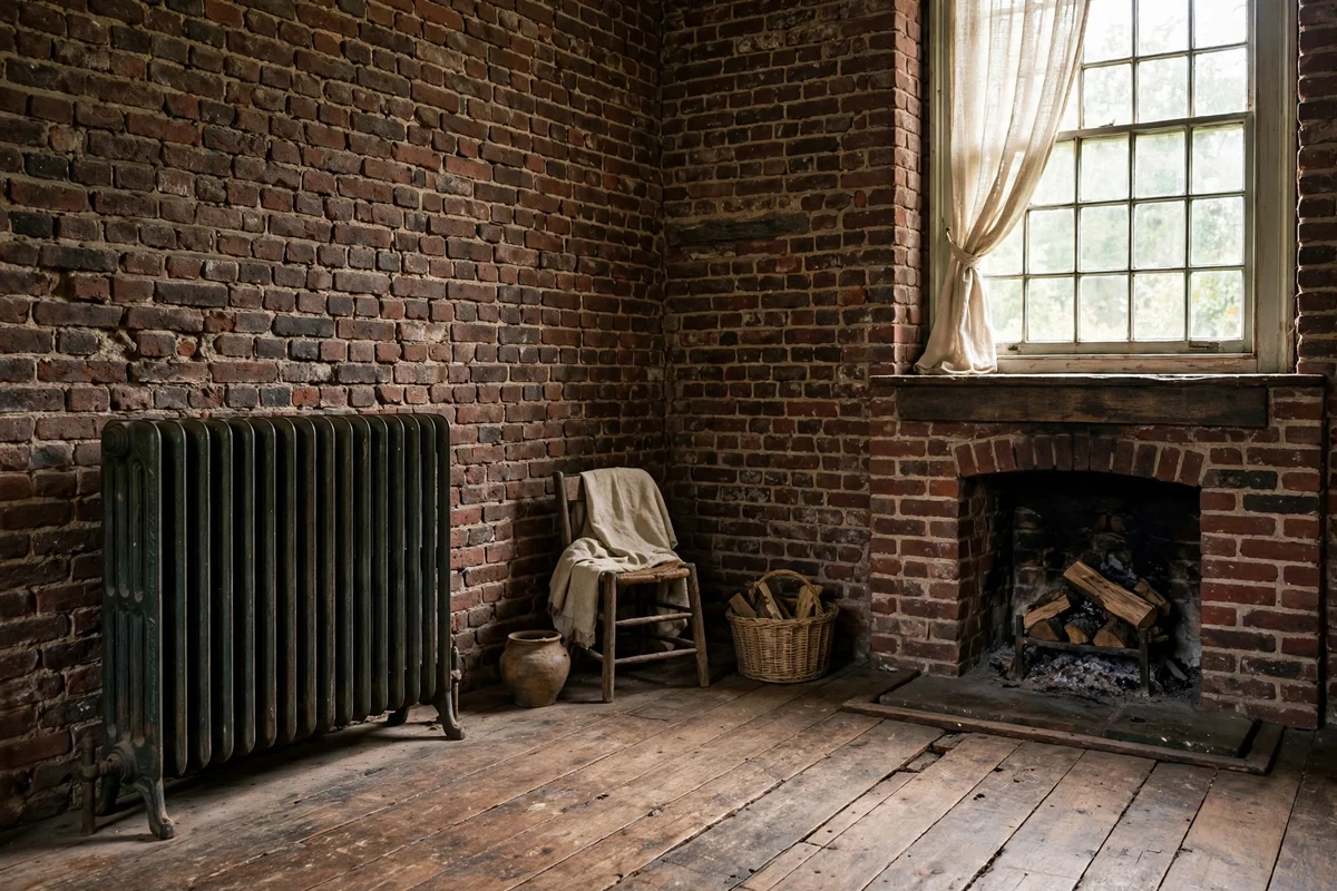 Cast iron radiator and brick fireplace in an old New Castle brick house