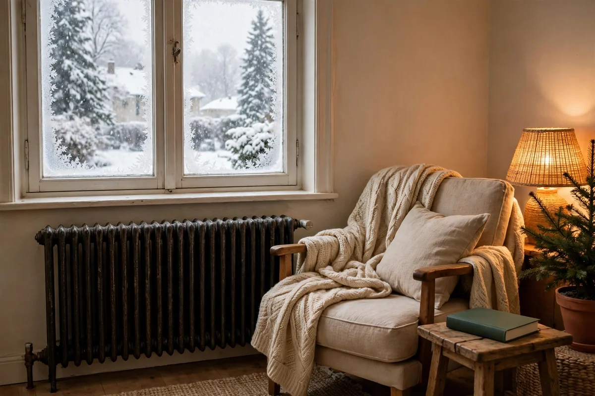 Cast iron radiator under a frosty winter window in a New Castle living room