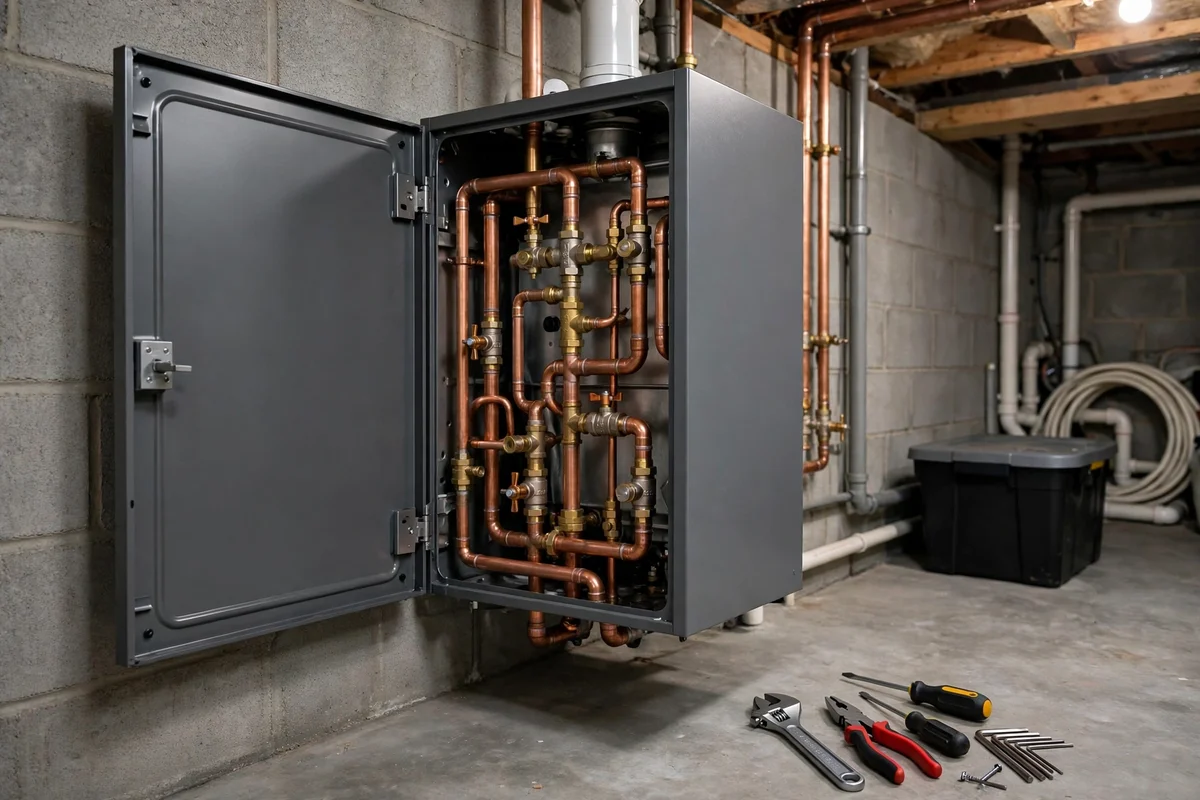Boiler with its panel open showing copper pipes and valves, with tools on the basement floor in New Castle