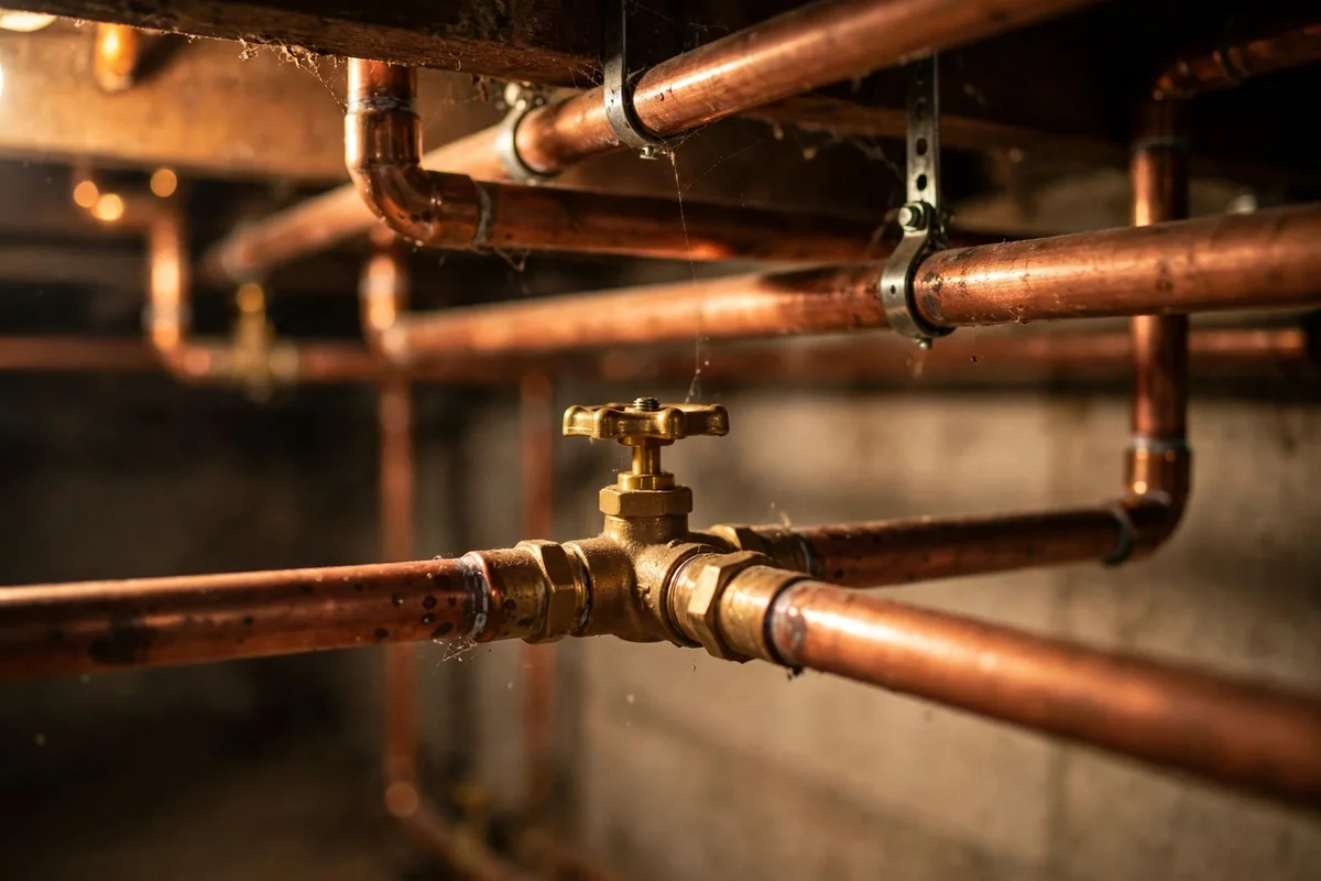 Copper pipes and valves in a New Castle basement