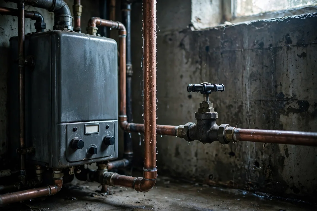 Sweating copper pipe and a boiler valve in a damp Newark basement