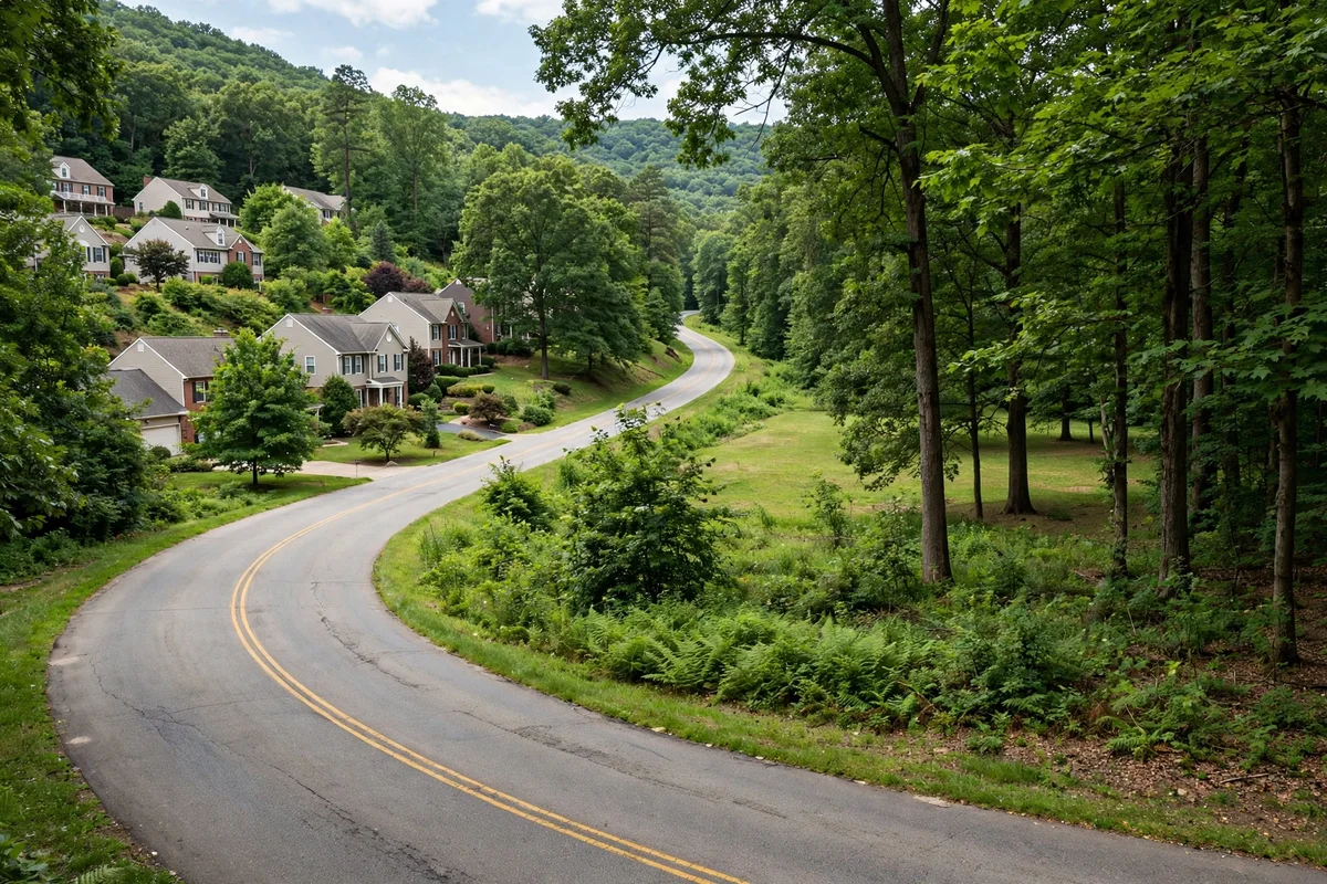 Winding road through wooded valley slopes past suburban houses in Pike Creek