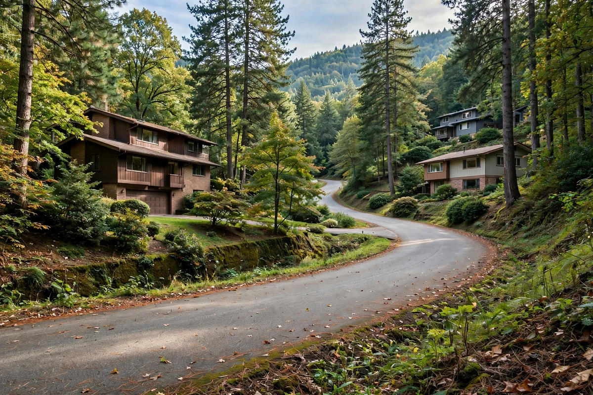 Split-level houses along a winding road through wooded valley hills in Pike Creek