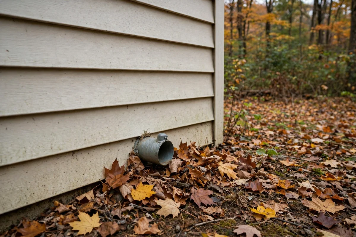Exterior vent pipe at the base of a house wall with fallen autumn leaves piled around it in Pike Creek