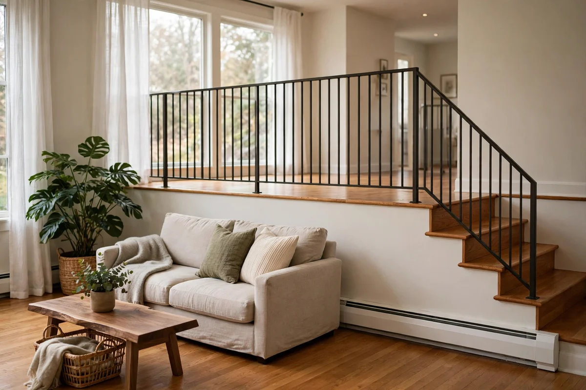 White baseboard heater under the stairs in a Pike Creek split-level living room