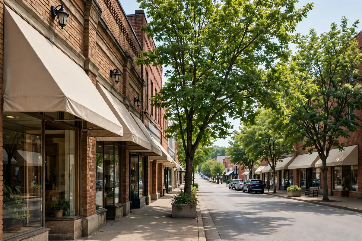 Brick storefronts and trees along a Seaford main street