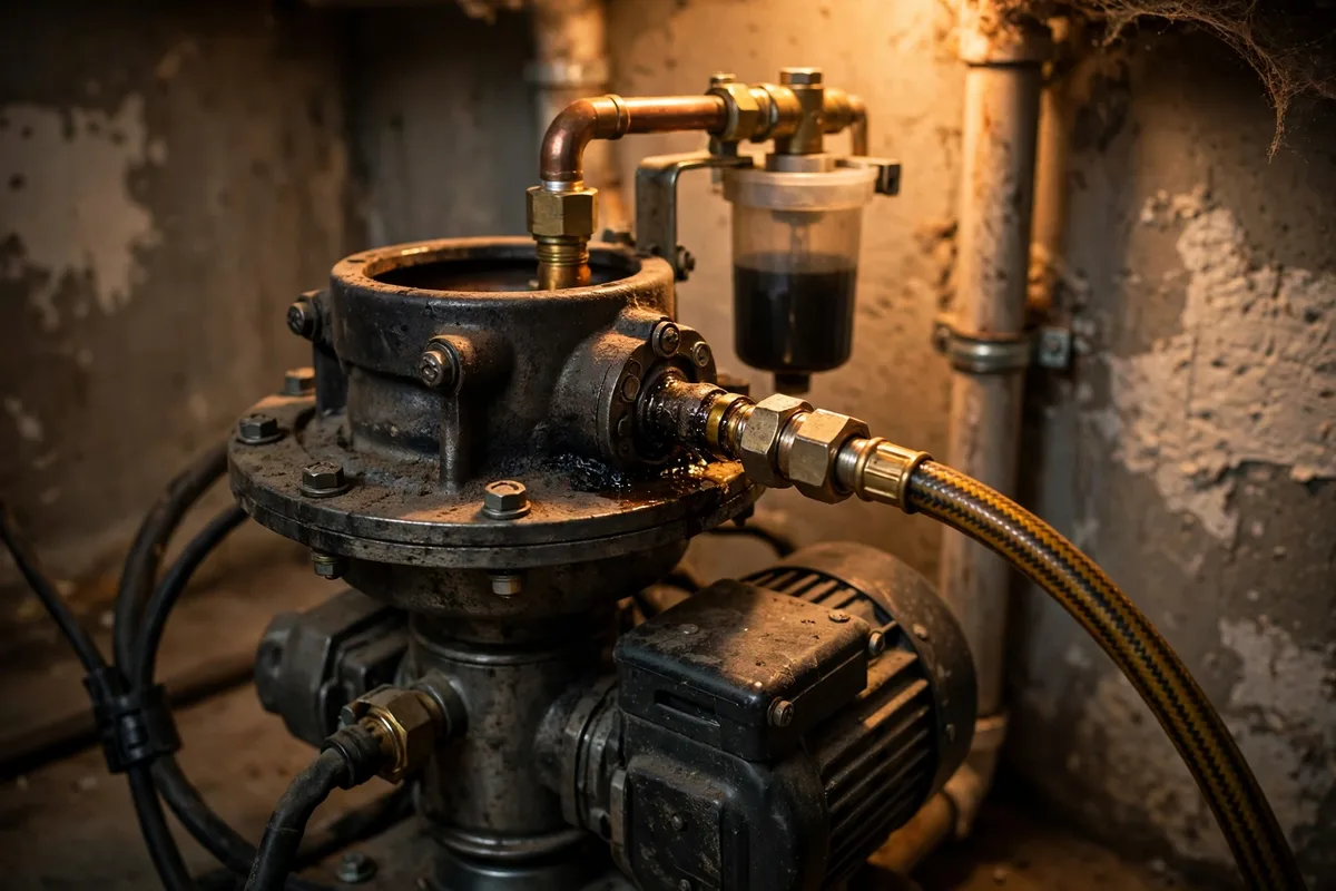 An oil boiler burner unit with its fuel line in a Seaford basement