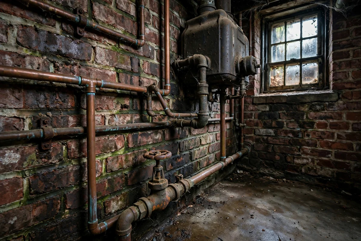 Older boiler pipes and a rusted valve against a damp brick basement wall in Wilmington