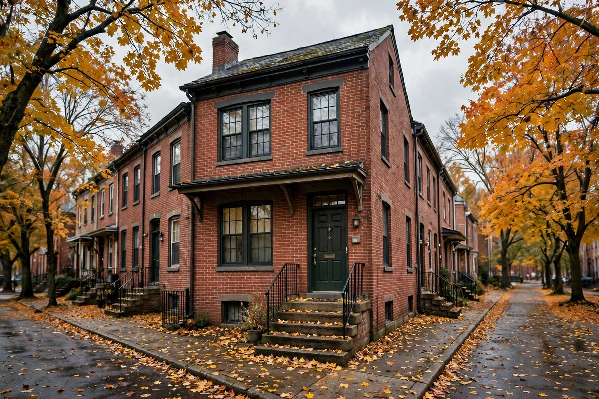 Brick rowhouse exterior on a tree-lined Wilmington street