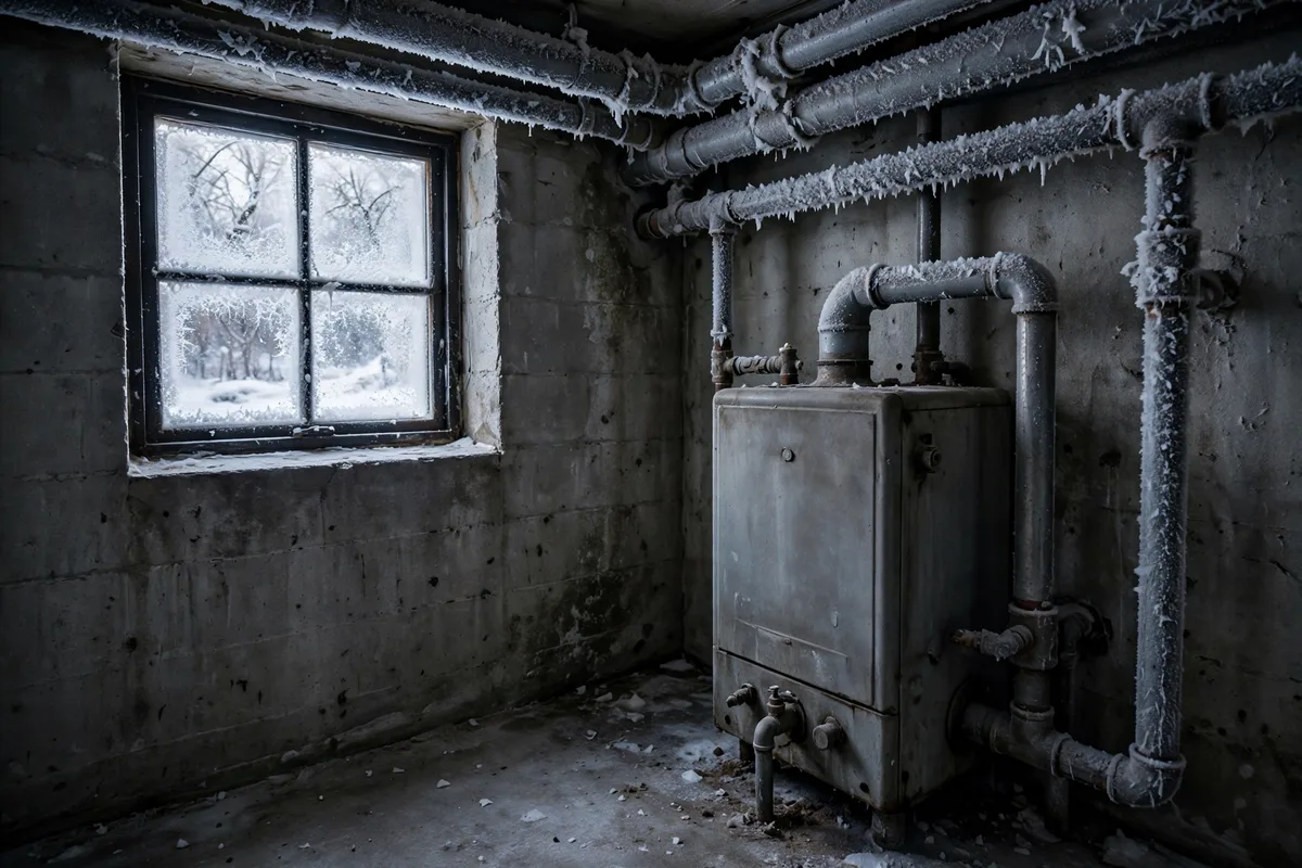 Frost-covered heating pipes and an older boiler in a cold Wilmington Manor basement