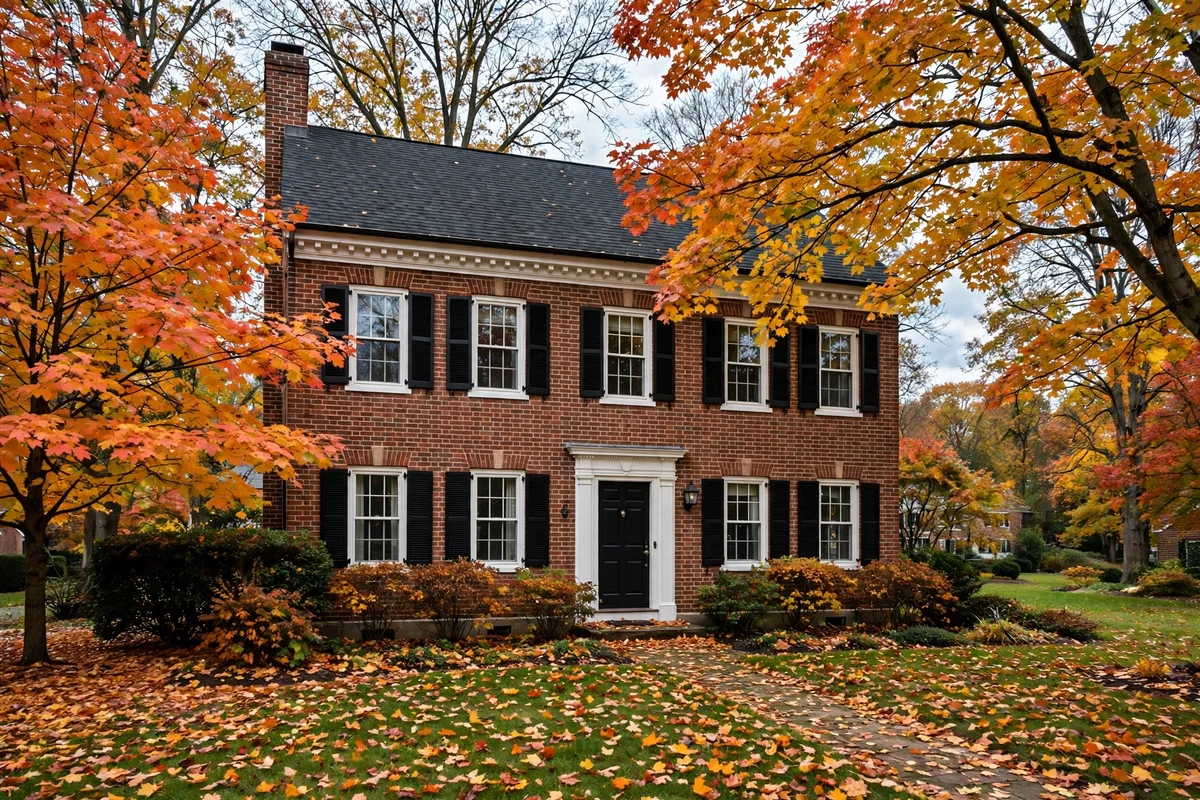 A brick colonial house in autumn, the kind of older Delaware home that often heats with a boiler