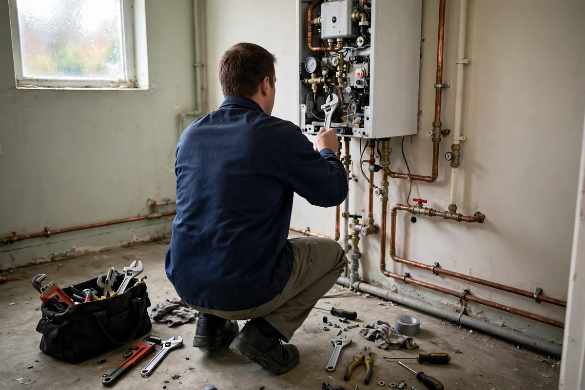 A technician servicing a wall-mounted boiler with tools laid out beside him