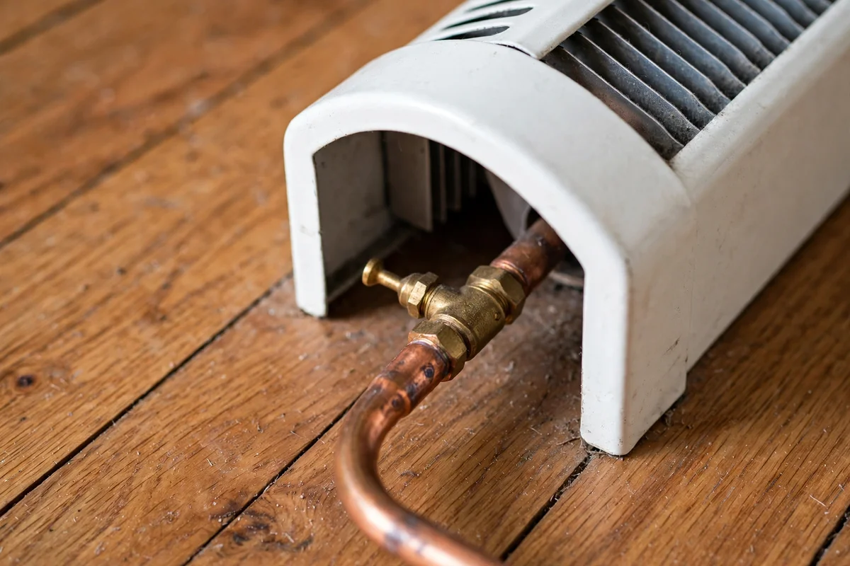 Baseboard heater end cap with copper supply pipe and small valve